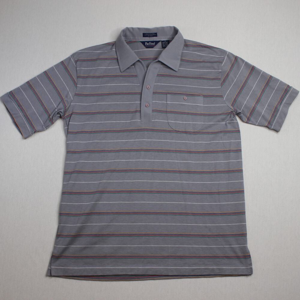 90's PAR FOUR Polo Golf Short Sleeve Men's Shirt Vintage Striped Collared Large